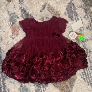 Nannette Burgundy Baby Dress with Rosette Accents